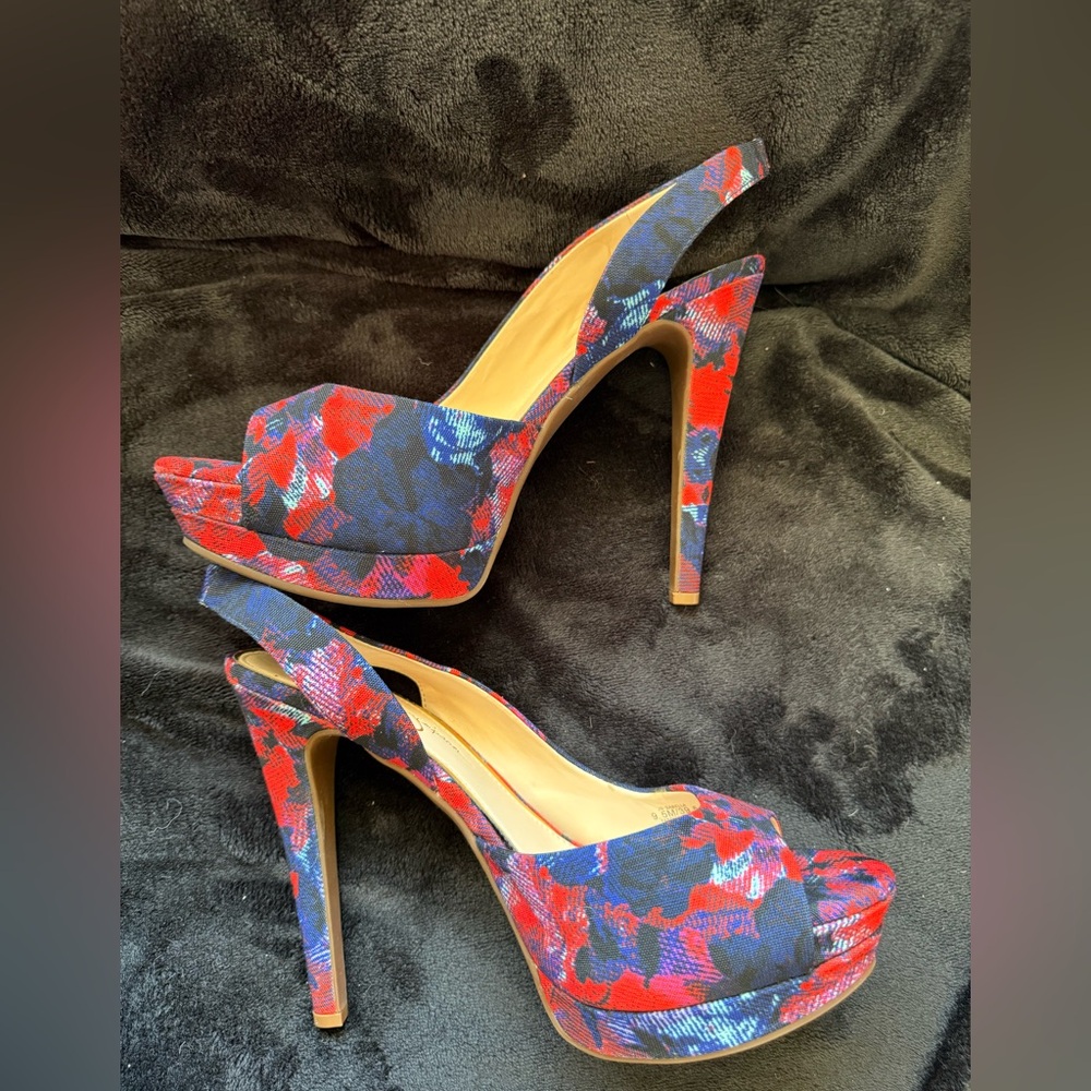 Like new! Jessica Simpson 'Sabella' Slingback Shoes floral graphic blue red - Picture 5 of 7